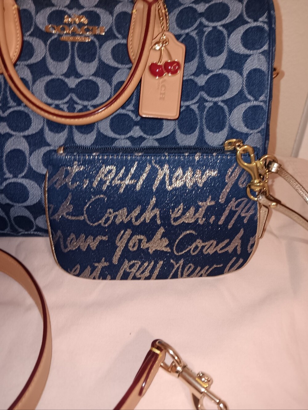 Coach Large Denim Rowan With Coach Poppy Small Wristlet With Gold Leather Trim - Picture 14 of 16